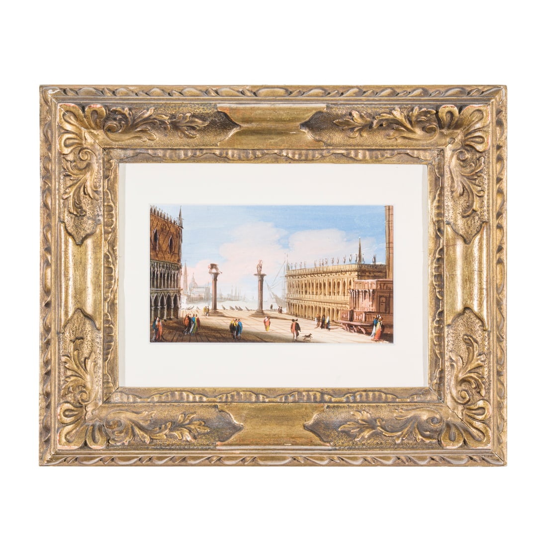 Scuola veneta del XIX secolo: Scuola veneta del XIX secolo Venezia, veduta di Piazza San Marco e Isola di San Giorgio Tempera su carta 10,5 x 18,5 cm Venetian school of the 19th century Venice, View of Piazza San Marco and San Gio