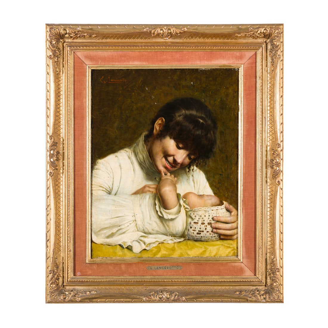 Egisto Lancerotto (Noale 1847 - Venezia 1916): Egisto Lancerotto (Noale 1847 - Venezia 1916) Maternità Olio su tela 48,5 x 37,5 cm Firmato in alto a sinistra Egisto Lancerotto (Noale 1847 - Venice 1916) Maternity Oil on canvas 48,5 × 37,5 cm Sig