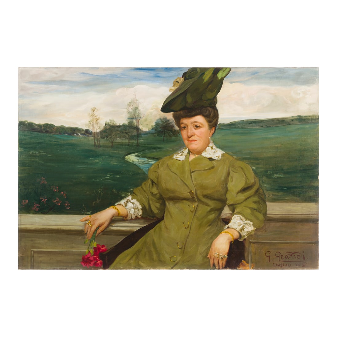 G. Grandi (attivo in Italia nel XIX/XX secolo): G. Grandi (attivo in Italia nel XIX/XX secolo) Ritratto di signora in un parco, luglio 1906 Olio su tela 80 x 119 cm Firmato e datato in basso a destra G. Grandi (active in Italy in the 19th/20th cent