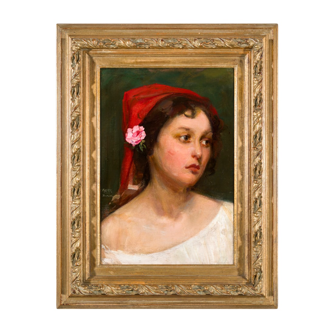 Giulio Ettore Erler (Oderzo 1876 - Treviso 1964): Giulio Ettore Erler (Oderzo 1876 - Treviso 1964) Ritratto di fanciulla Olio su tela 50 x 34 cm Firmato in centro a sinistra Giulio Ettore Erler (Oderzo 1876 - Treviso 1964) Portrait of a Young Girl Oi