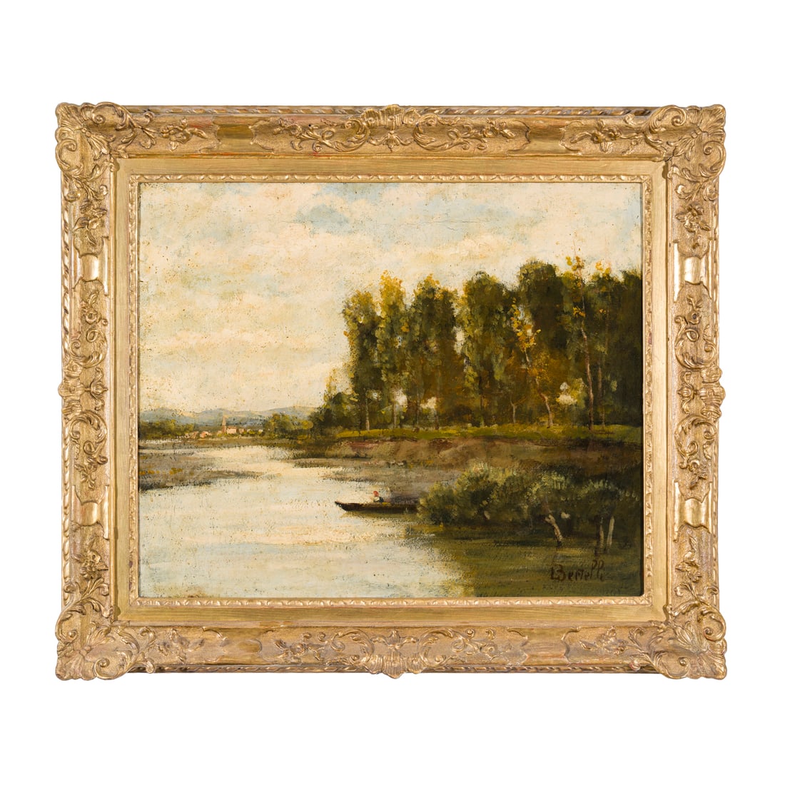 Luigi Bertelli (San Lazzaro di Savena 1833 - Bologna 1916) attribuito: Luigi Bertelli (San Lazzaro di Savena 1833 - Bologna 1916) attribuito Paesaggio lacustre Olio su tela 50 x 60 cm Reca firma in basso a destra Luigi Bertelli (San Lazzaro di Savena 1833 - Bologna 1916)