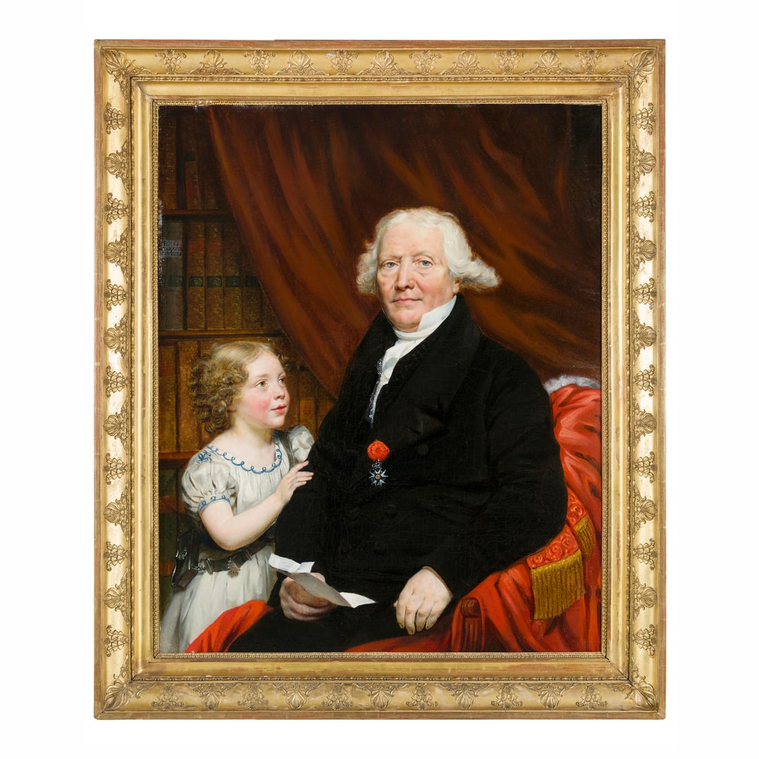 Scuola francese del XIX secolo: Scuola francese del XIX secolo Ritratto di notabile con Croix de l'Ordre de la Légion d'Honneur e bimba Olio su tela 100 x 82 cm French school of the 19th century Portrait of a Notable Man with the C
