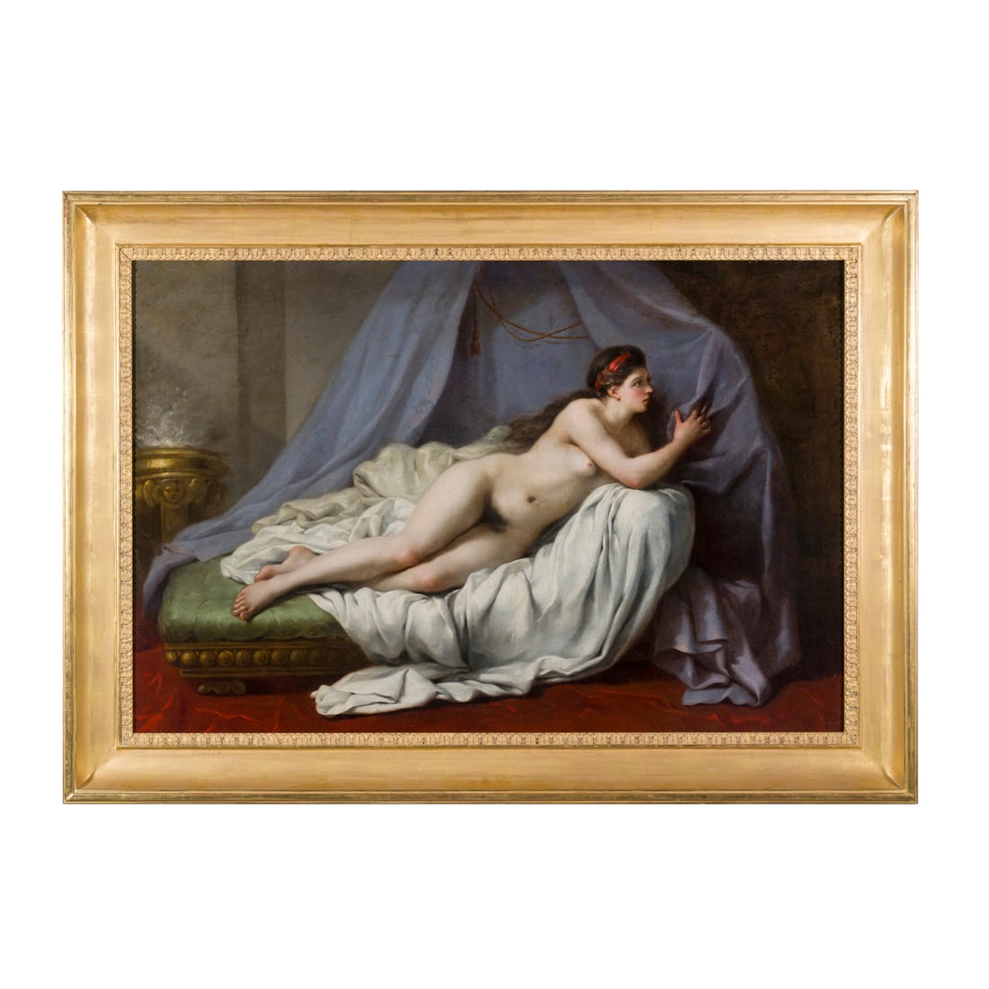 Scuola francese del XVIII/XIX secolo: Scuola francese del XVIII/XIX secolo Odalisca Olio su tela 64 x 98 cm French school of the 18th/19th century Odalisque Oil on canvas 64 × 98 cm