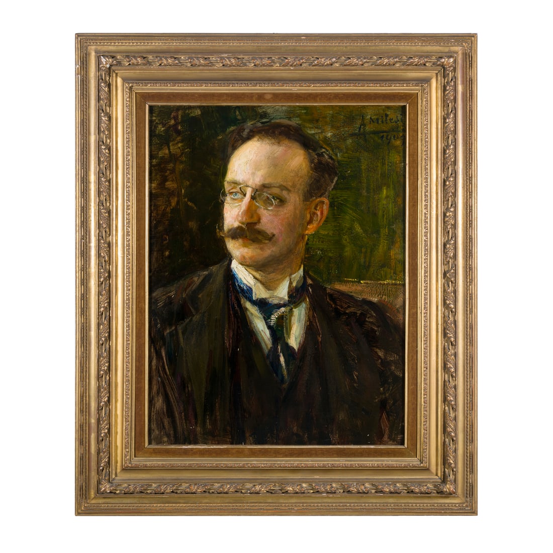 Alessandro Milesi (Venezia 1856 - 1945): Alessandro Milesi (Venezia 1856 - 1945) Ritratto di uomo con pince-nez, 1909 Olio su cartone 61,5 x 46,5 cm Firmato e datato in alto a destra Alessandro Milesi (Venice 1856 - 1945) A Portrait of a Man