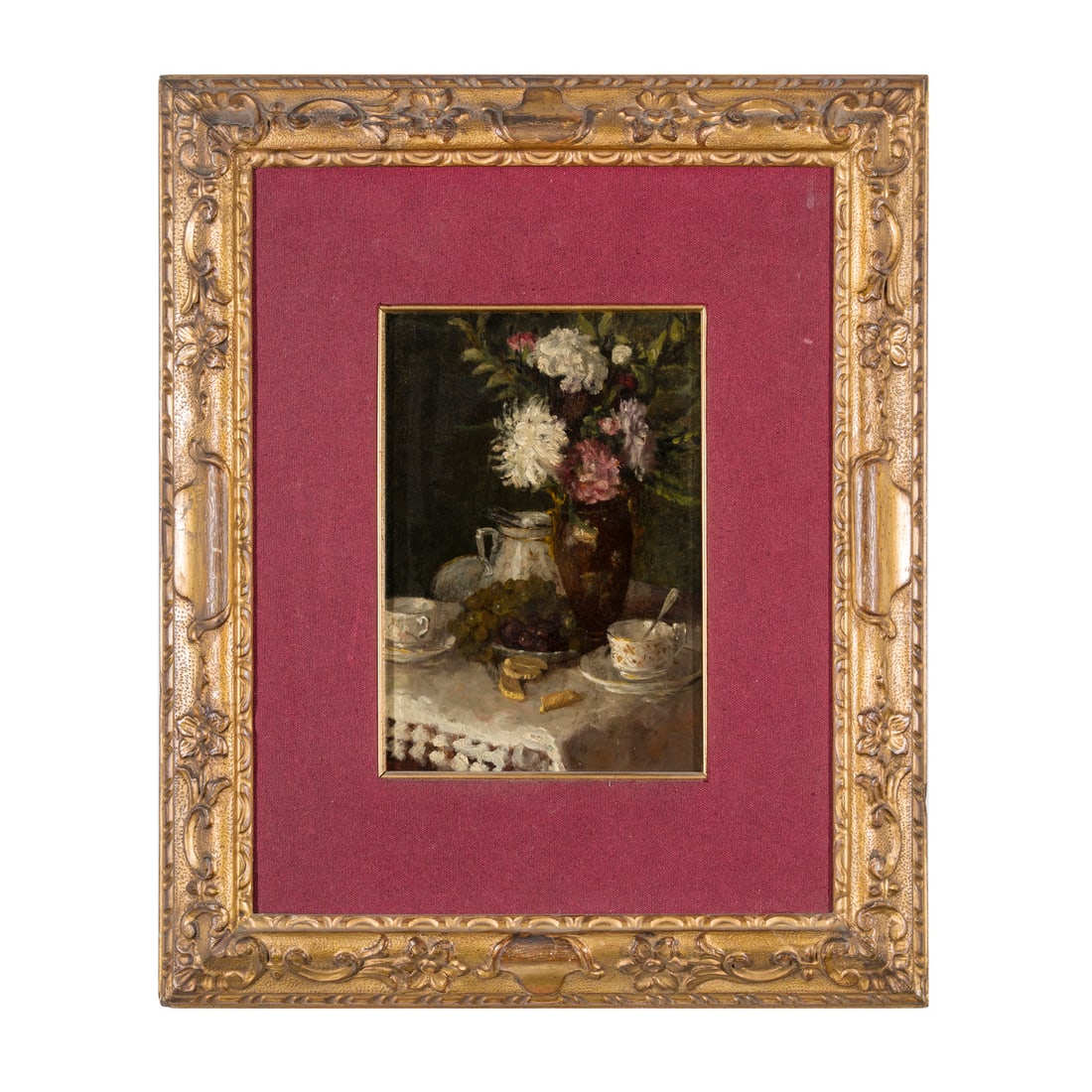 Scuola italiana del XIX secolo: Scuola italiana del XIX secolo Natura morta con fiori e porcellane Olio su tavoletta 25,5 x 17,5 cm (a vista) Italian school of the 19th century Still Life with Flowers and Porcelain Oil on panel 25,5