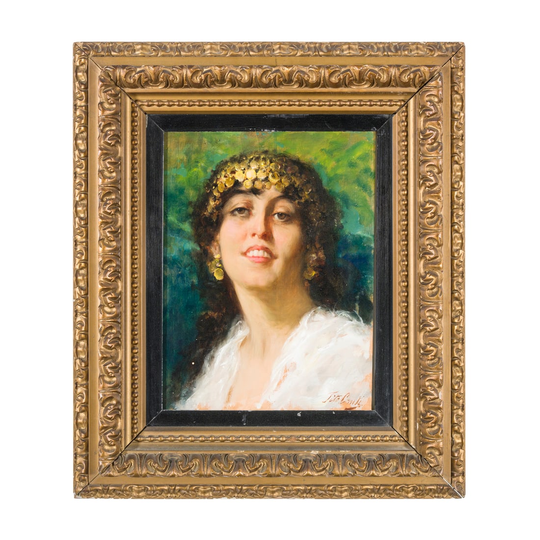 Tito Conti (Firenze 1842 - 1924): Tito Conti (Firenze 1842 - 1924) Ritratto di ragazza turca o araba Olio su tavola 35,2 x 36,5 cm Firmato in basso a destra Tito Conti (Florence 1842 - 1924) Portrait of a Turkish or Arab Girl Oil on p