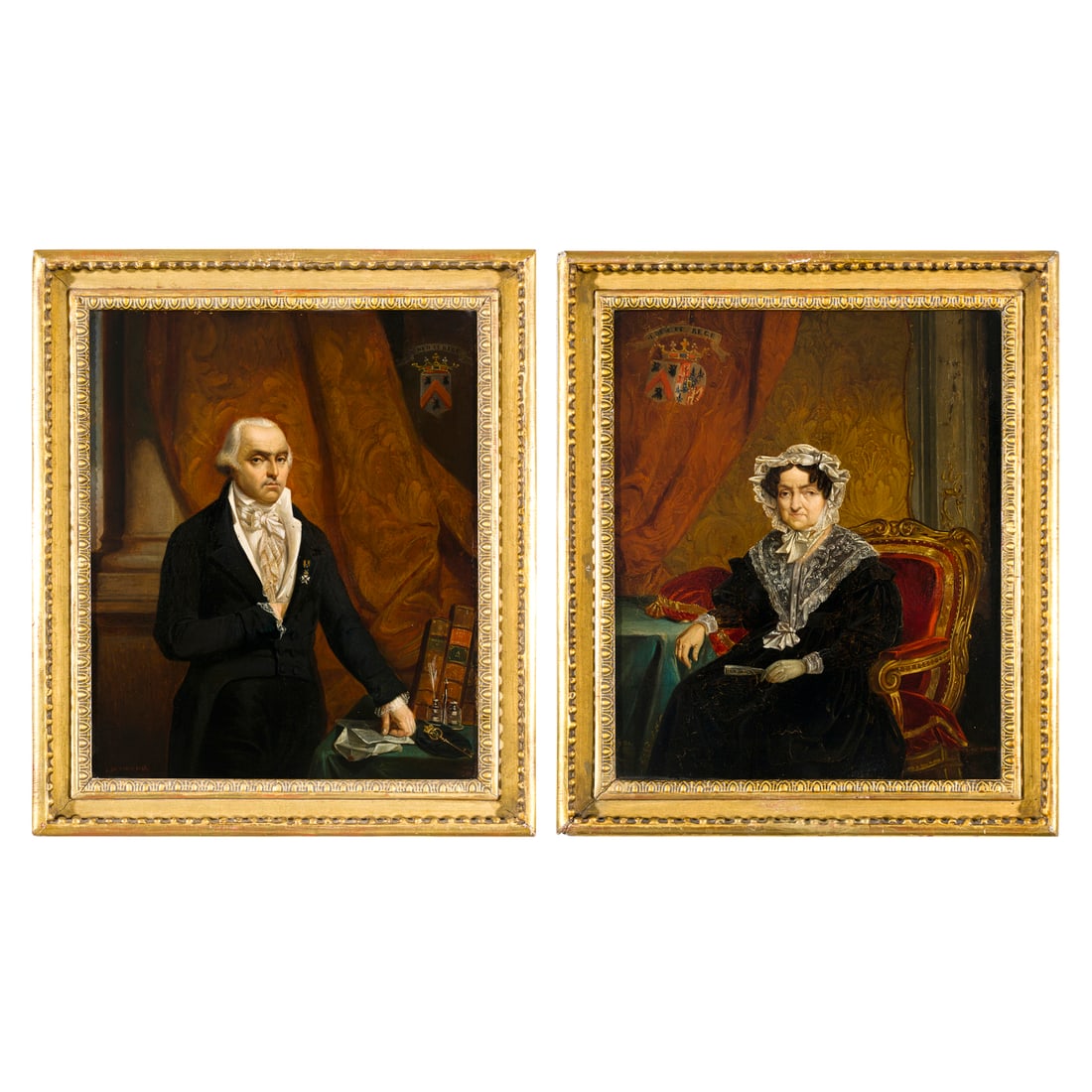 Scuola francese del XIX secolo: Scuola francese del XIX secolo Ritratti di due nobili consorti Olio su tavola 35 x 29 cm French school of the 19th century Portraits of Two Noble Consorts Oil on panel 35 x 29 cm
