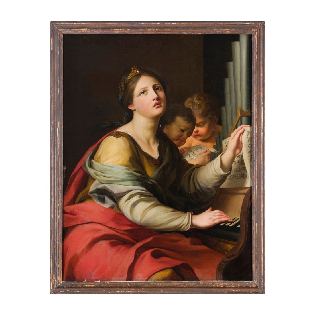 Maestro italiano della metà del XIX secolo: Maestro italiano della metà del XIX secolo Santa Cecilia e due angeli Olio su tela 92 x 71 cm Italian master of the mid-19th century Saint Cecilia and Two Angels Oil on canvas 92 x 71 cm