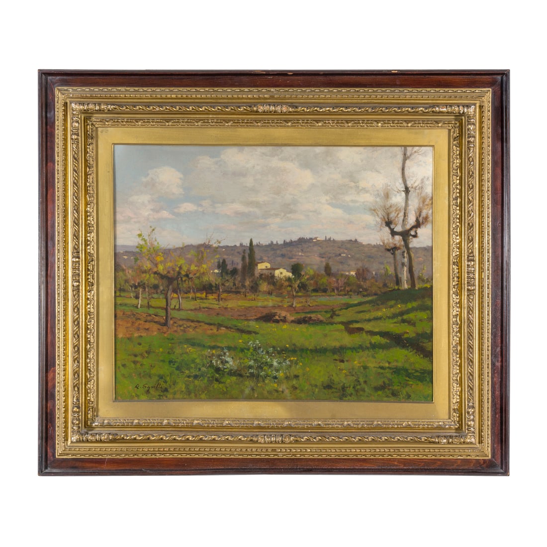 Roberto Sgrilli (Firenze 1897 - 1985): Roberto Sgrilli (Firenze 1897 - 1985) Campagna fiorentina verso il tramonto Olio su tela 40 x 50 cm Firmato in basso a sinistra Al retro: etichetta mostra personale novembre 1948 della Galleria Ranzin