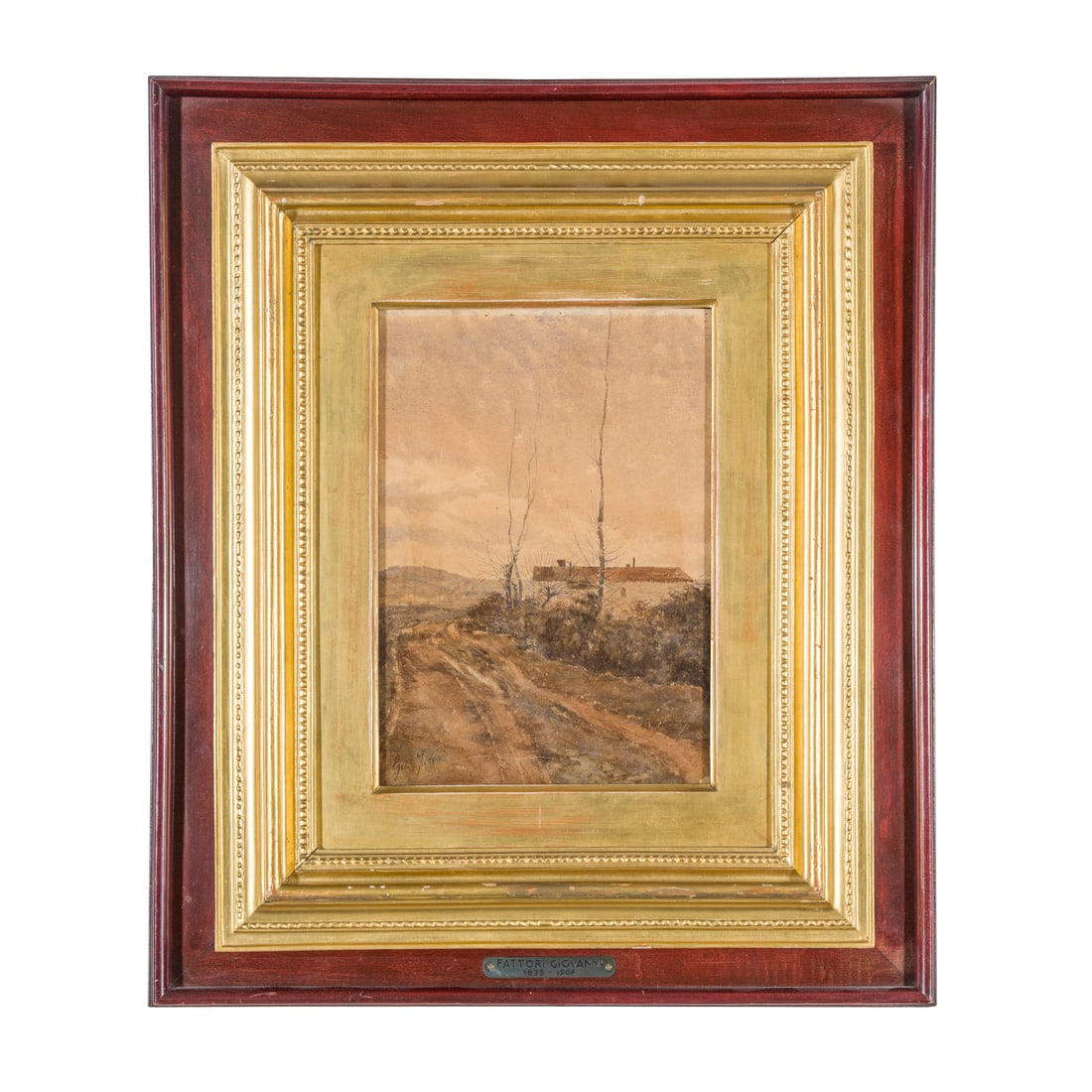 Giovanni Fattori (Livorno 1825 - Firenze 1908) attribuito: Giovanni Fattori (Livorno 1825 - Firenze 1908) attribuito Paesaggio toscano con casolare Acquerello su carta applicata su tavola 24,5 x 18 cm Firmato in basso a sinistra Secondo i nostri esperti l'ope