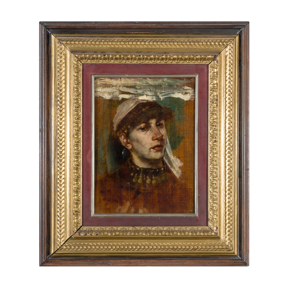 Giacomo Favretto (Venezia 1849 - 1887) attribuito: Giacomo Favretto (Venezia 1849 - 1887) attribuito Studio di volto di ragazza Olio su tavoletta 30 x 22,5 cm Sul retro autentica di Enrico Somaré Giacomo Favretto (Venice 1849 - 1887) attributed Study