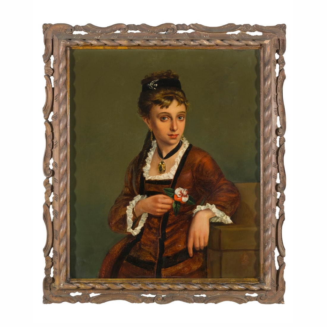 Scuola italiana del XIX secolo: Scuola italiana del XIX secolo Ritratto di ragazza Olio su tela 77 x 64 cm Italian school of the 19th century Portrait of a Young Girl Oil on canvas 77 × 64 cm