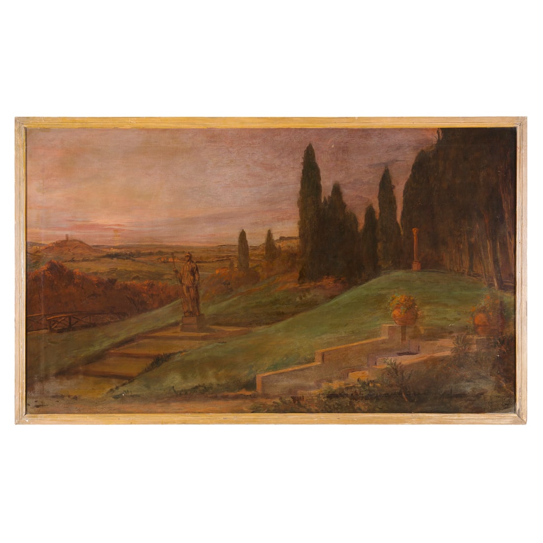 Scuola italiana del XX secolo: Scuola italiana del XX secolo Paesaggio collinare con statua antica Olio su tela 78 x 136 cm Italian school of the 20th century Hilly Landscape with an Ancient Statue Oil on canvas 78 × 136 cm