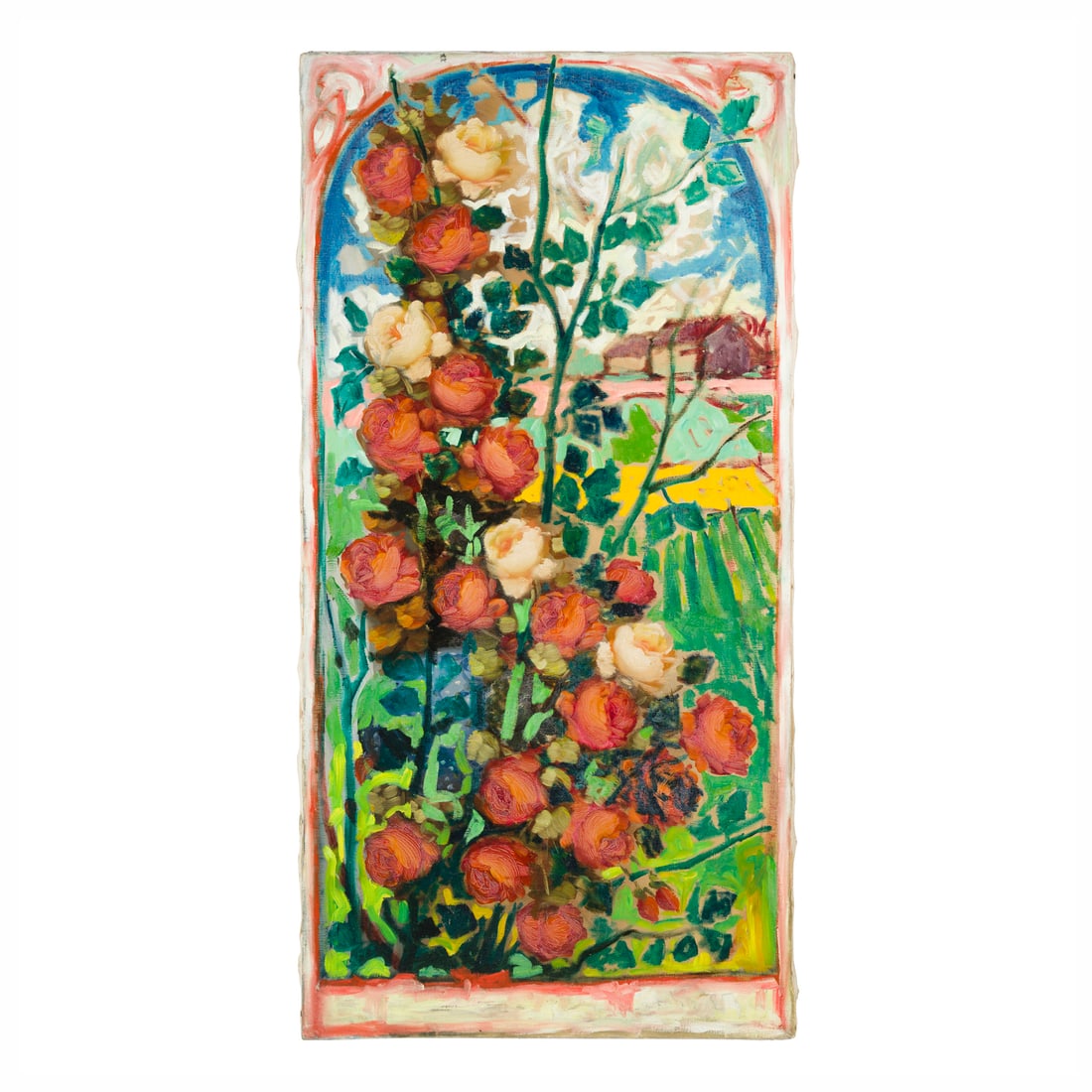 Luigi Michelacci (Meldola 1879 - Firenze 1959) attribuito: Luigi Michelacci (Meldola 1879 - Firenze 1959) attribuito Finestra di rose Olio su tela 100 x 50 cm Luigi Michelacci (Meldola 1879 - Florence 1959) attributed Window of Roses Oil on canvas 100 × 50 c