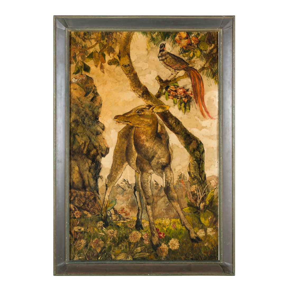 Scuola austriaca del XIX secolo: Scuola austriaca del XIX secolo Cerbiatto Olio su tavola 121 x 79 cm Firmato illeggibile in basso a destra Austrian school of the 19th century Fawn Oil on panel 121 × 79 cm Illegibly signed lower rig