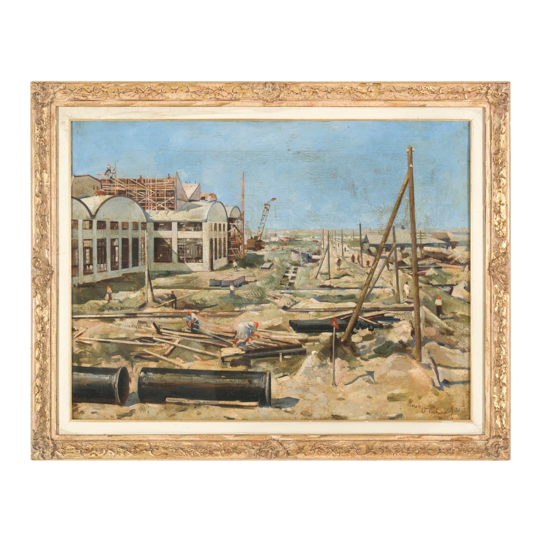 Pavlov Semyon Andreevich (Russia 1893 - 1941): Pavlov Semyon Andreevich (Russia 1893 - 1941) Operai al cantiere, 1936 Olio su tela 61 x 80 cm Firmato e datato in basso a destra Pavlov Semyon Andreevich (Russia 1893 - 1941) Workers at the Construct