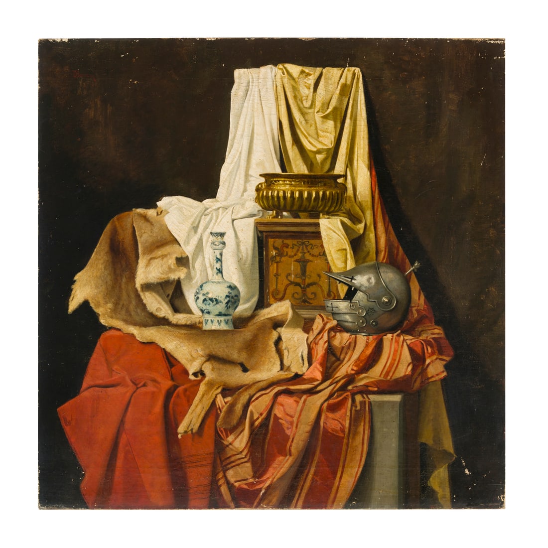 Odoardo Borrani (Pisa 1833 - Firenze 1905): Odoardo Borrani (Pisa 1833 - Firenze 1905) Natura morta con pelliccia ed elmo Olio su tela 71 x 71 cm Firmato in alto a destra Odoardo Borrani (Pisa 1833 - Florence 1905) Still Life with Fur and Helme