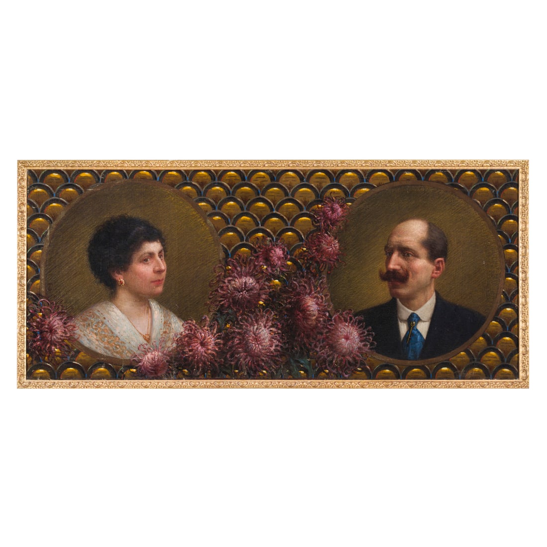 Scuola italiana del XIX/XX secolo: Scuola italiana del XIX/XX secolo Ritratto di moglie e marito Olio su tela 60 x 143 cm Italian school of the 19th/20th century Portrait of a Wife and Husband Oil on canvas 60 × 143 cm