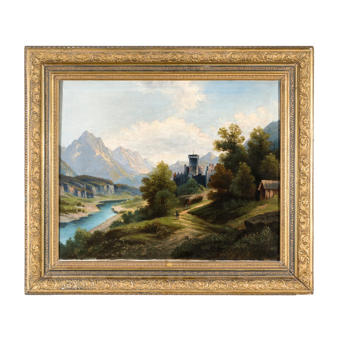 Scuola di area tedesca del XIX secolo: Scuola di area tedesca del XIX secolo Vallata alpina con torrente e castello Olio su tela 55 x 68,5 cm Tracce di firma non decifrata tra gli arbusti in basso a destra German school of the 19th century
