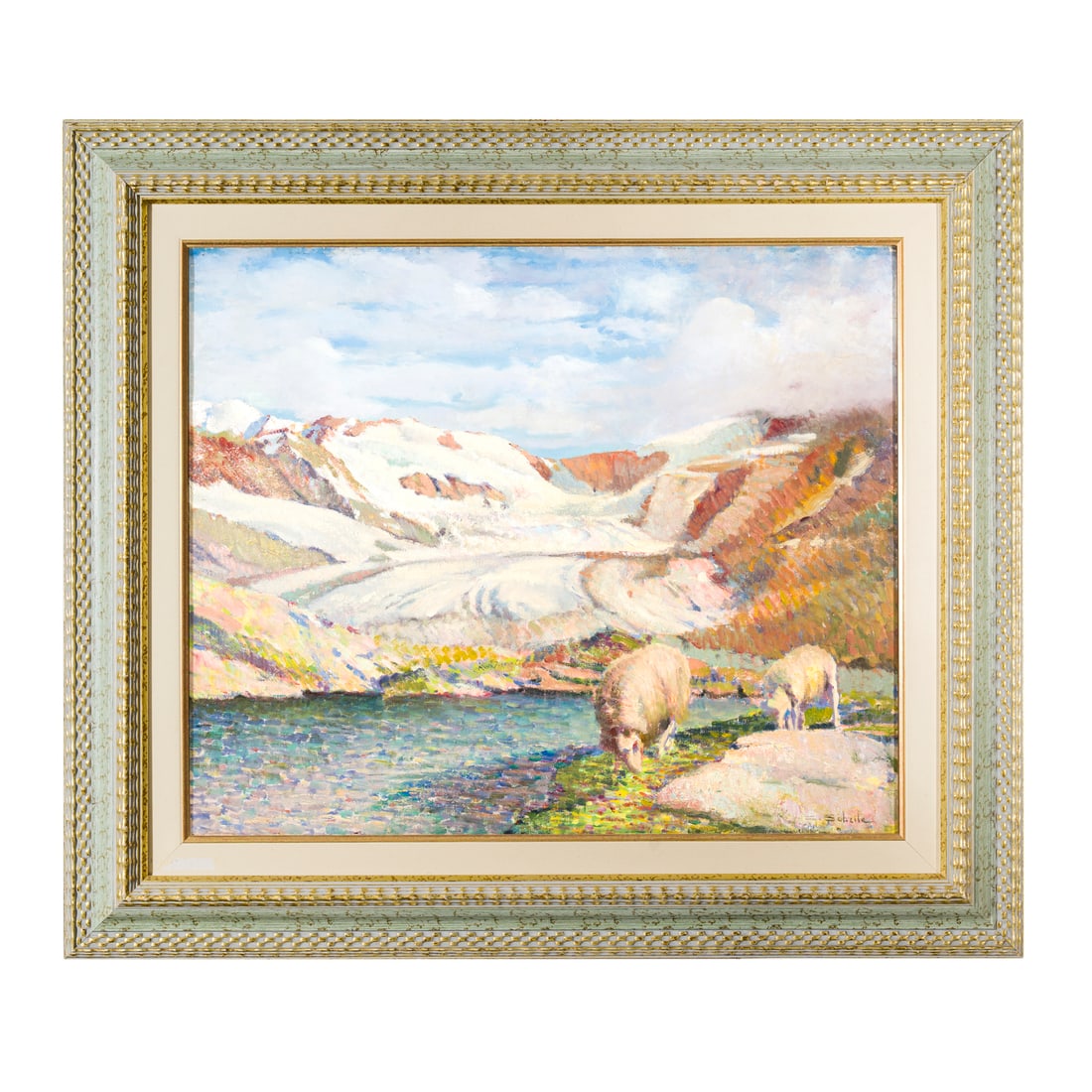 Giuseppe Sobrile (Torino 1879 - Forno Alpi Graie 1956): Giuseppe Sobrile (Torino 1879 - Forno Alpi Graie 1956) Alpeggio estivo in alta quota Olio su tela 58 x 70 cm Firmato in basso a destra Giuseppe Sobrile (Turin 1879 - Forno Alpi Graie 1956) High-Altitu