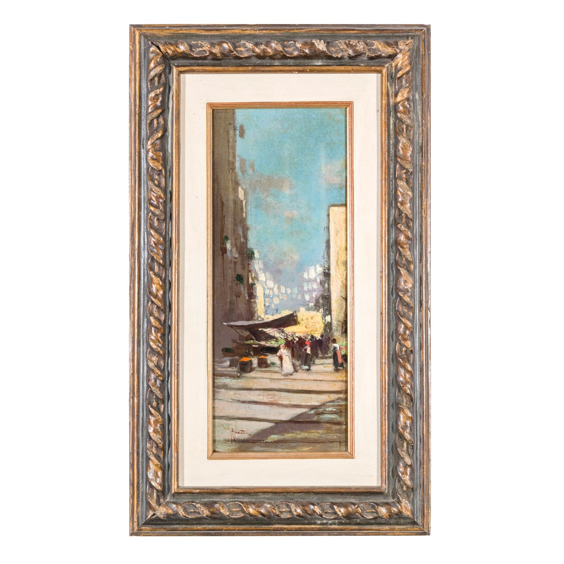 Oscar Ricciardi (Napoli 1864 - 1935): Oscar Ricciardi (Napoli 1864 - 1935) Mercato popolare a Napoli Olio su tela 39,5 x 15,5 cm Firmato in basso a sinistra Oscar Ricciardi (Naples 1864 - 1935) Popular Market in Naples Oil on canvas 39,5 