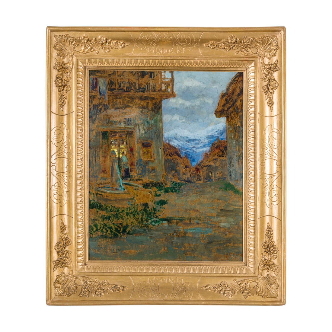 Giuseppe Sacheri (Genova 1863 - Pianfei 1950): Giuseppe Sacheri (Genova 1863 - Pianfei 1950) Paese montano Olio su tela cartonata 40 x 33,5 cm Firmato in basso a sinistra Giuseppe Sacheri (Genoa 1863 - Pianfei 1950) Mountain Village Oil on canvas 