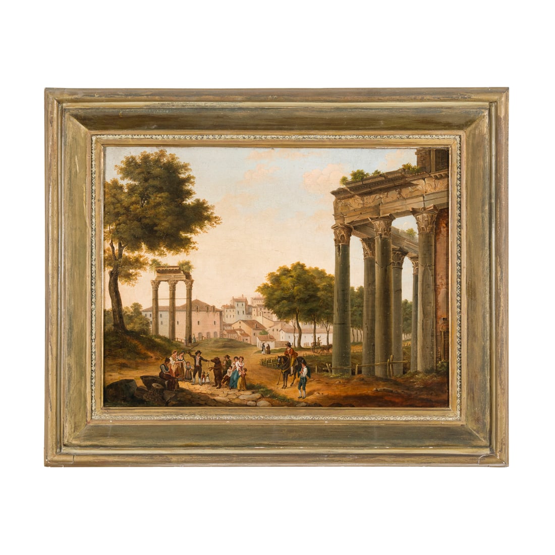 Scuola italiana del XIX secolo: Scuola italiana del XIX secolo Spettacolo di strada con orso in una piazza di Roma Olio su tela 52 x 71 cm Italian school of the 19th century Street Performance with a Bear in a Roman Square Oil on ca
