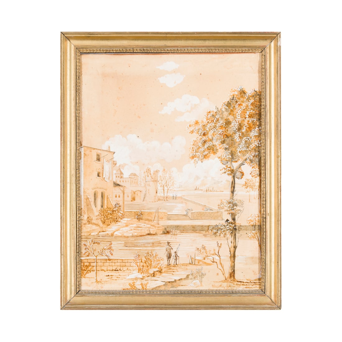 Scuola italiana del XIX secolo: Scuola italiana del XIX secolo Paesaggio fluviale Acquerello e biacca su carta 33,5 x 26 cm Italian school of the 19th century River Landscape Watercolour and white gouache on paper 33,5 × 26 cm
