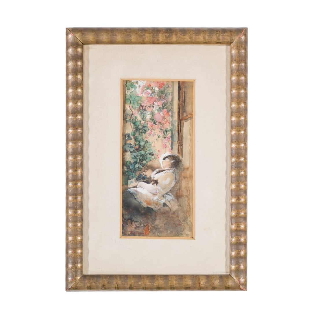 Eduardo Dalbono (Napoli 1841 - 1915): Eduardo Dalbono (Napoli 1841 - 1915) Tra i fiori Acquerello su carta 21 x 10 cm Firmato in basso a sinistra Eduardo Dalbono (Naples 1841 - 1915) Tra i fiori Watercolour on paper 21 × 10 cm Signed low