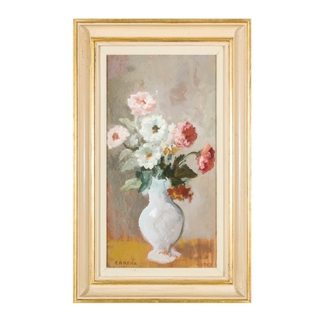 Felice Carena (Torino 1879 - Venezia 1966): Felice Carena (Torino 1879 - Venezia 1966) Vaso di fiori, 1957 Olio su tavola 59 x 30 cm Firmato in basso a sinistra e datato in basso a destra Secondo i nostri esperti l'opera è autentica ed origina