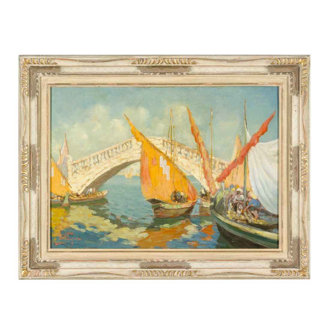 Luigi Pagan (Chioggia 1907 - 1980): Luigi Pagan (Chioggia 1907 - 1980) Chioggia, barche di pescatori davanti a Ponte di Vigo Olio su tela 50 x 75 cm Firmato in basso a sinistra Luigi Pagan (Chioggia 1907 - 1980) Chioggia, Fishing Boats 