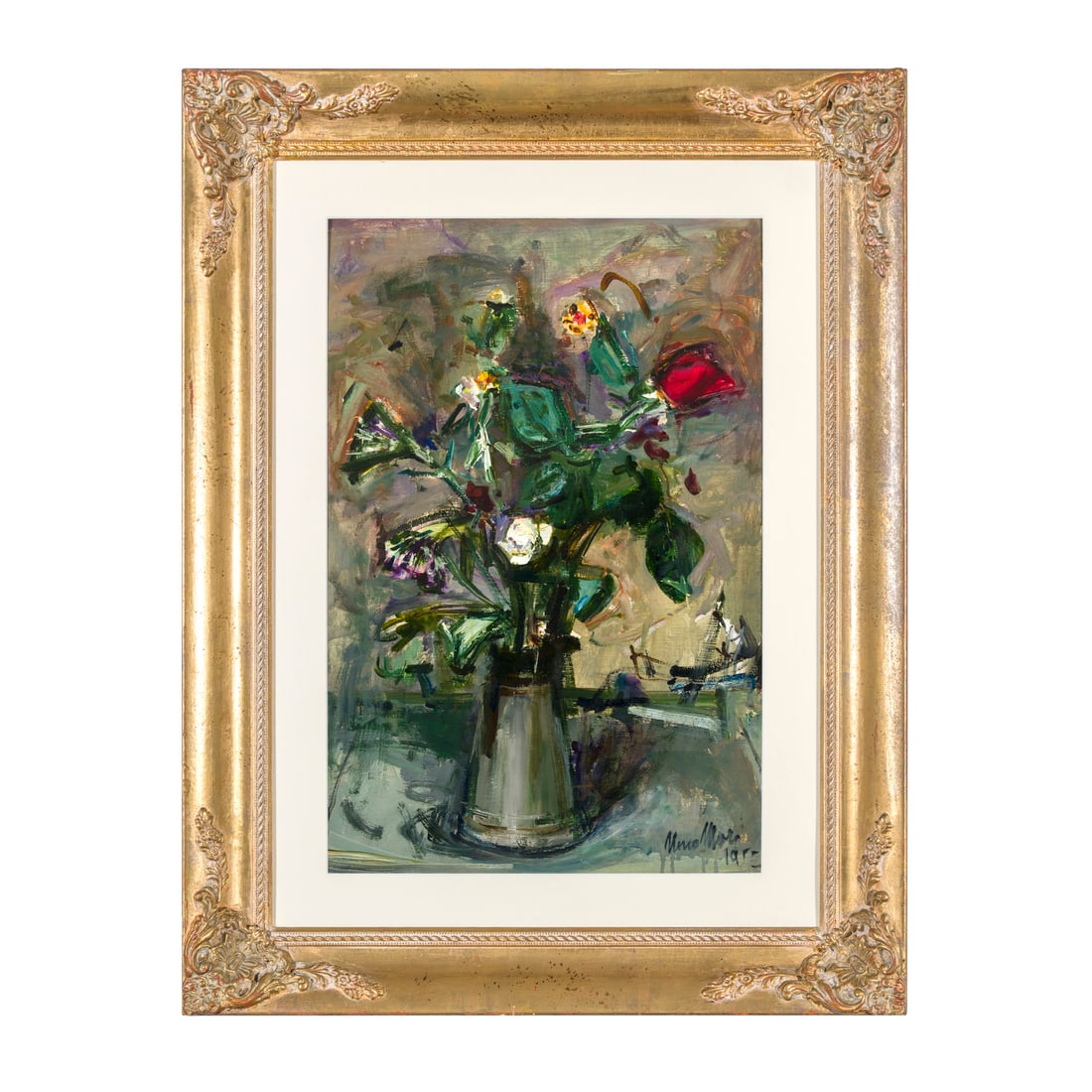 Neno Mori (Venezia 1899 - 1968): Neno Mori (Venezia 1899 - 1968) Vaso di fiori, 1955 Olio su compensato 38 x 59 cm Firmato e datato in basso a destra Sul retro etichetta del pittore Neno Mori (Venice 1899 - 1968) Vase of Flowers, 195