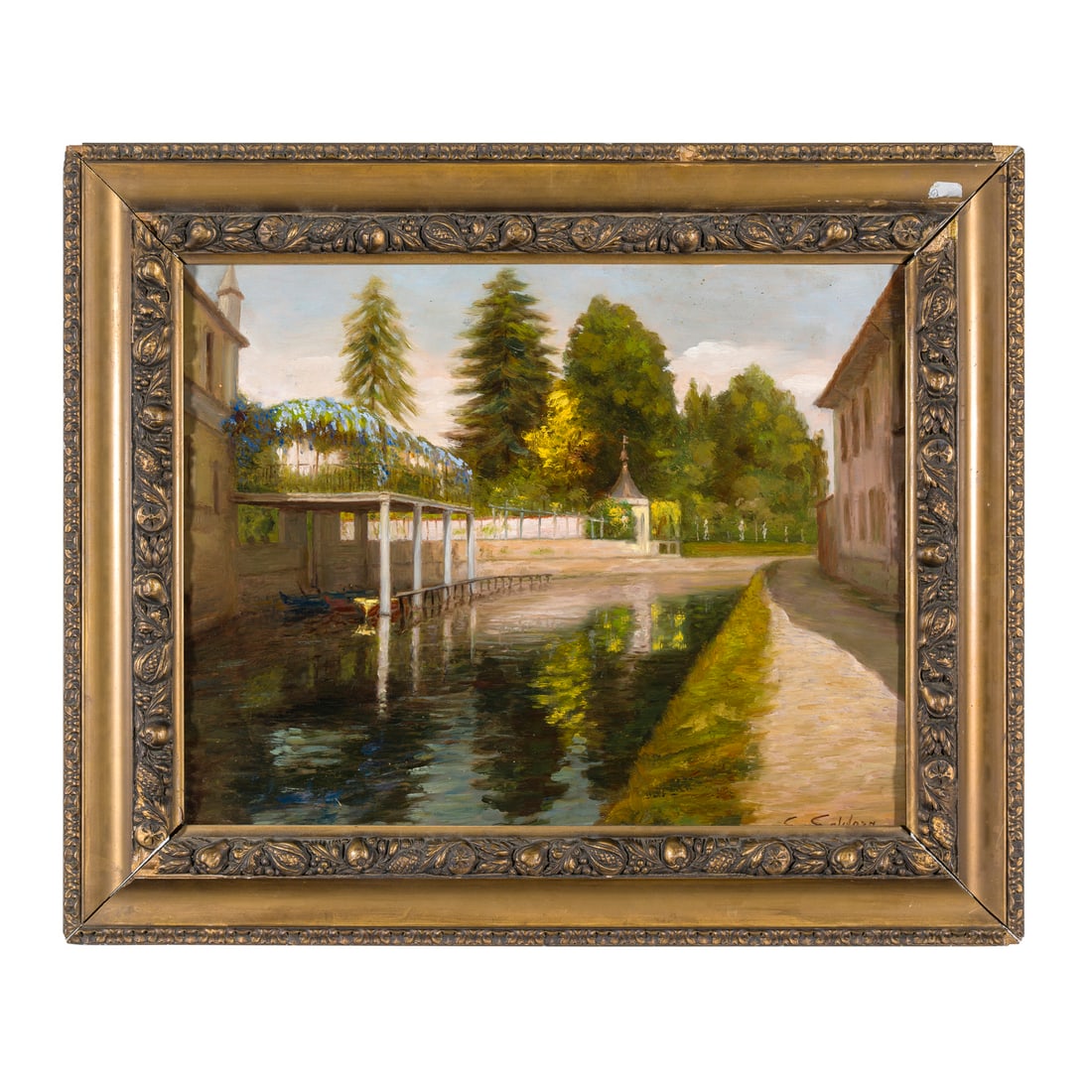 Erminio Soldera (Cappella Maggiore 1874 - 1955): Erminio Soldera (Cappella Maggiore 1874 - 1955) Naviglio a Gorla Olio su tavola 38 x 49 cm Firmato in basso a sinistra Vecchia etichetta sul retro Erminio Soldera (Cappella Maggiore 1874 - 1955) Navig