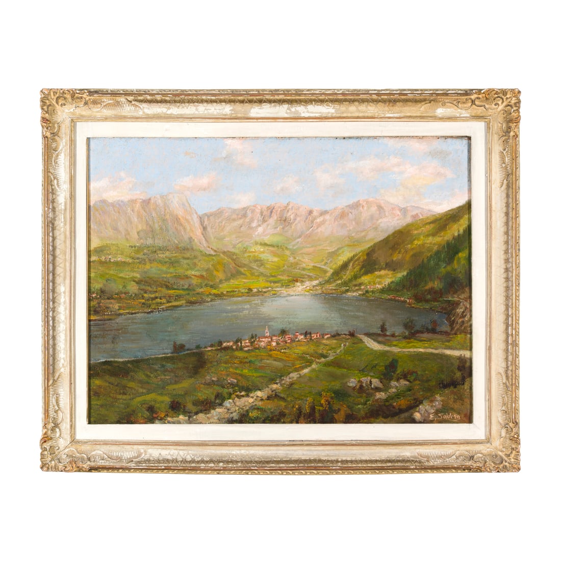 Erminio Soldera (Cappella Maggiore 1874 - 1955): Erminio Soldera (Cappella Maggiore 1874 - 1955) Veduta con lago alpino Olio su tela 60 x 80 cm Firmato in basso a destra Erminio Soldera (Cappella Maggiore 1874 – 1955) View with Alpine Lake Oil on 