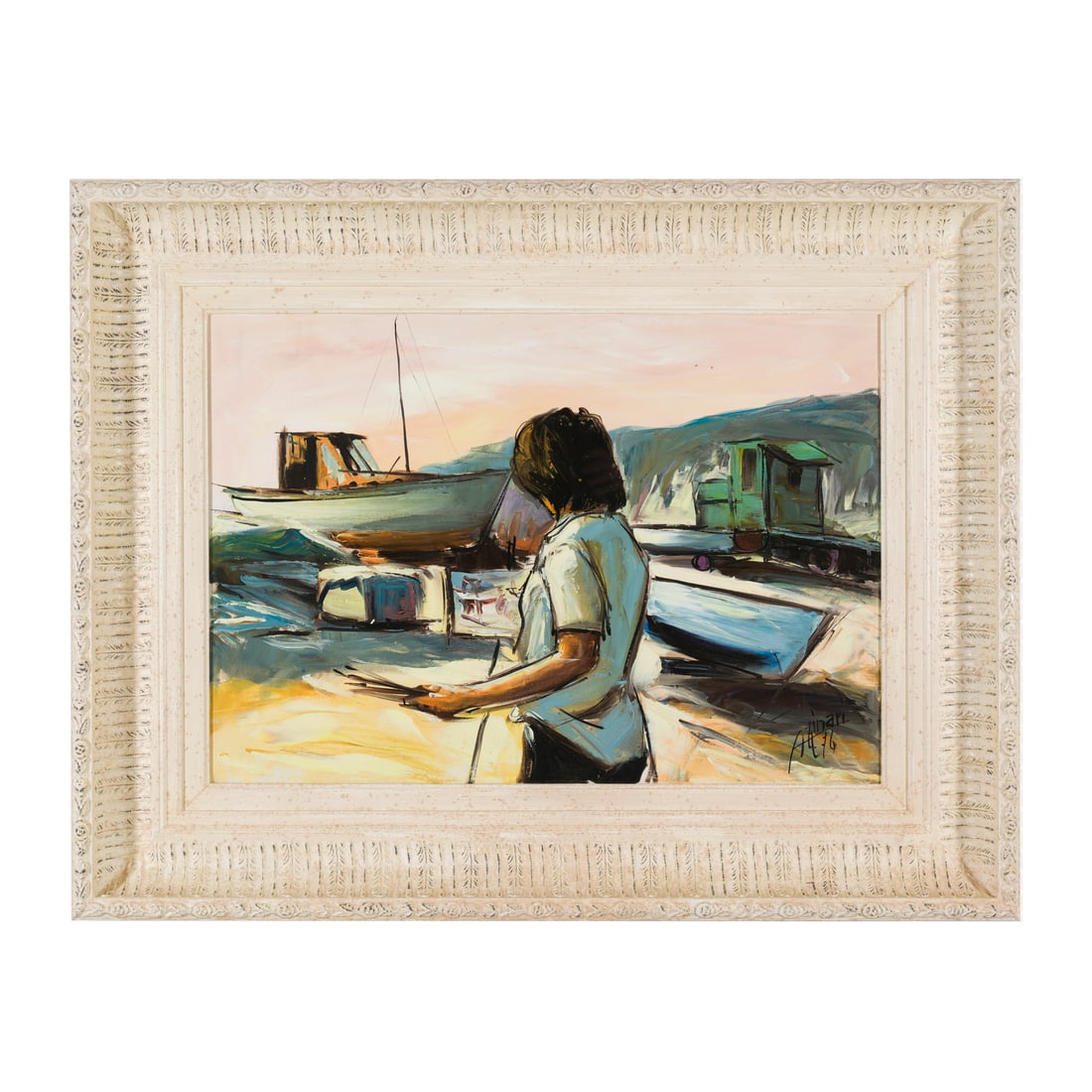 Franco Azzinari (San Demetrio Corone 1949): Franco Azzinari (San Demetrio Corone 1949) L'autore mentre dipinge a Sestri Levante, 1976 Olio su tela 50 x 70 cm Firmato e datato in basso a destra Sul retro, etichetta Studio d'Arte Azzinari, Milano