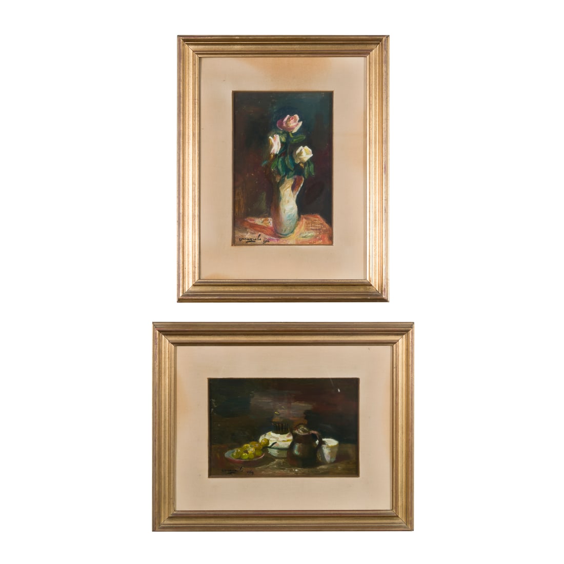 Mario Varagnolo (Venezia 1901 - 1971): Mario Varagnolo (Venezia 1901 - 1971) Rose, 1966 - Natura morta con uva, 1969 Olio su tela 30 x 20 cm - 20 x 30 cm Firmati e datati in basso a sinistra Mario Varagnolo (Venice 1901 - 1971) Roses, 1966