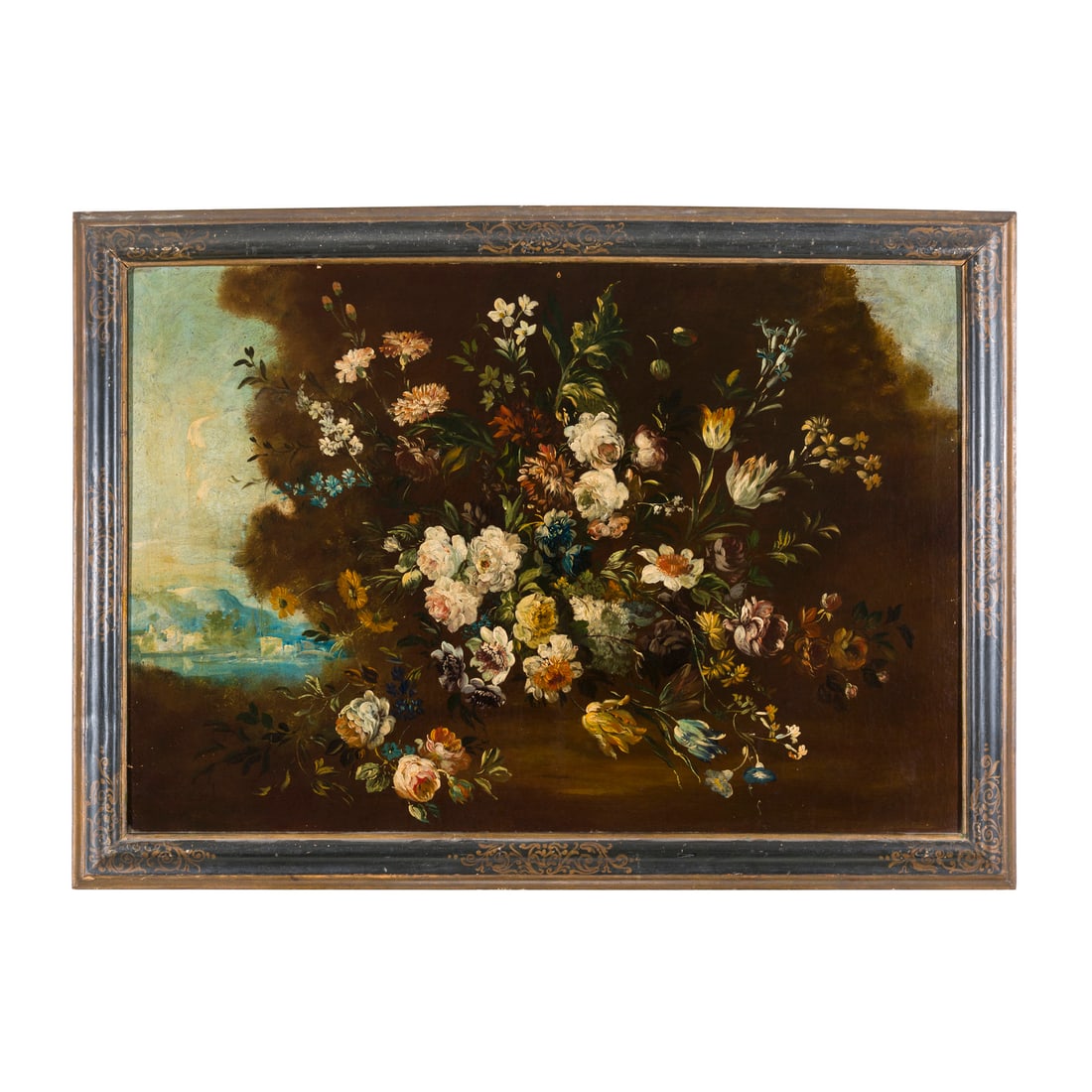 Scuola veneta del XIX/XX secolo: Scuola veneta del XIX/XX secolo Natura morta, fiori in ambiente naturale Olio su tela 74 x 111 cm Venetian school of the 19th/20th century Still Life, Flowers in a Natural Setting Oil on canvas 74 x 1
