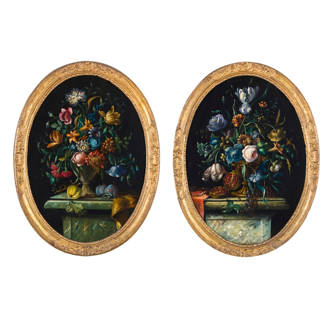 Scuola italiana del XIX secolo: Scuola italiana del XIX secolo Vaso di fiori con melograno - Vaso di fiori con prugna Olio su tela 89 x 64 cm Italian school of the 19th century Vase of Flowers with Pomegranate - Vase of Flowers with
