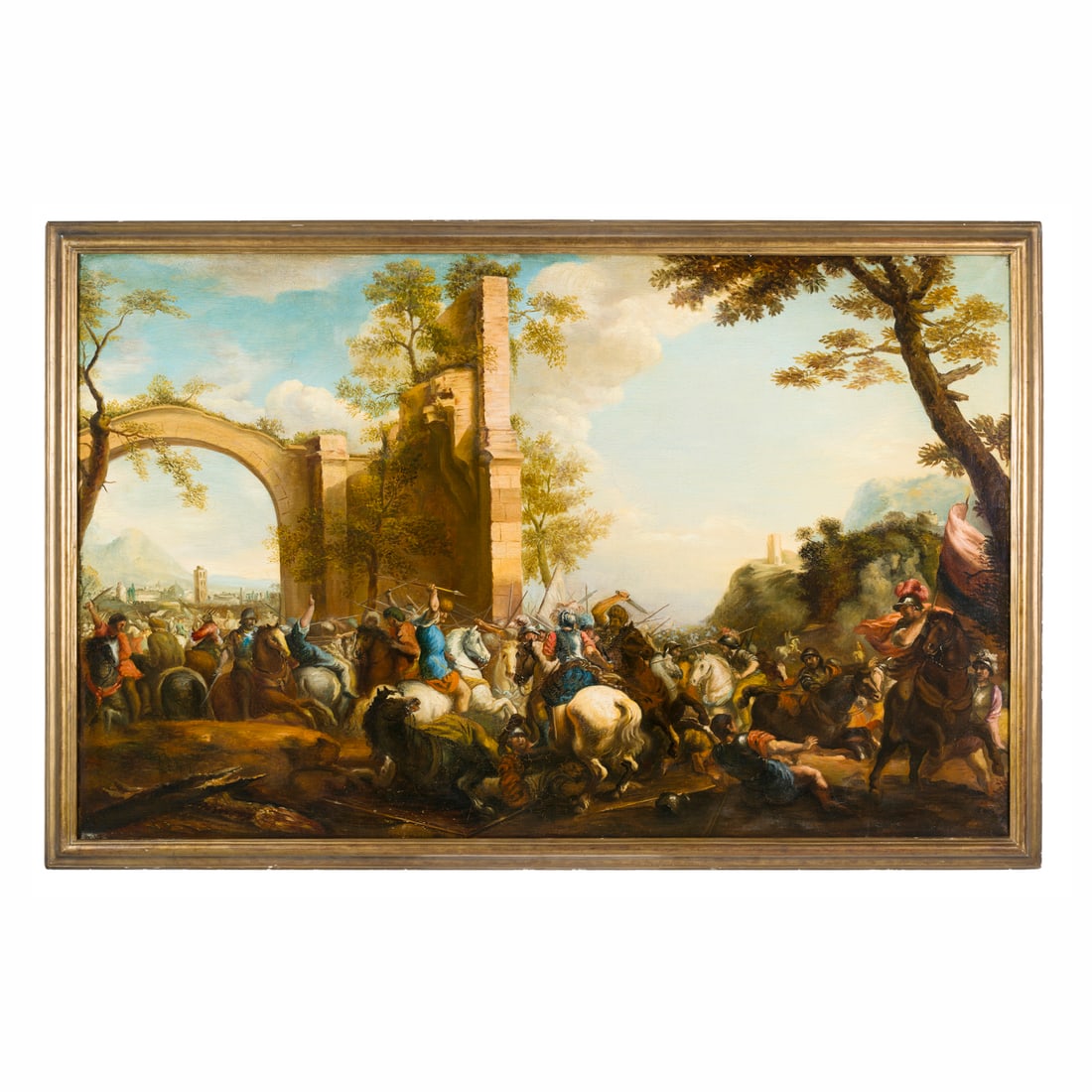 Scuola italiana del XX secolo: Scuola italiana del XX secolo Battaglia tra cavallerie Olio su tela 96 x 152 cm Italian school of the 20th century Battle Between Cavalry Oil on canvas 96 × 152 cm