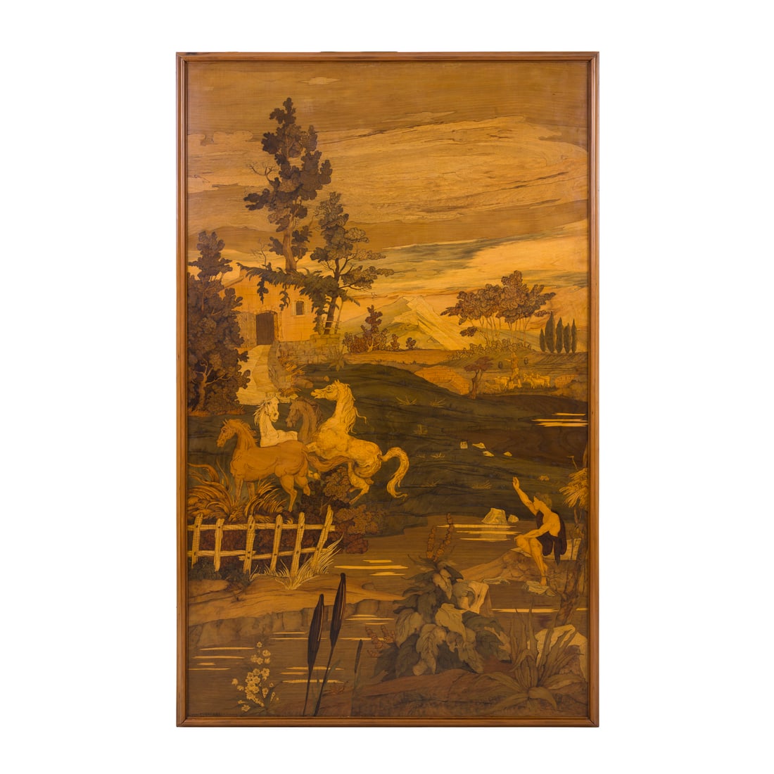 Cornelio Ferrandi (attivo nel XX/XXI secolo): Cornelio Ferrandi (attivo nel XX/XXI secolo) Paesaggio con cavalli e fanciullo, 1965 Grande pannello decorato con varie essenze di legno pregiate Prod. Atelier Ferrandi, Treviglio Italia, 1965 167,5 x