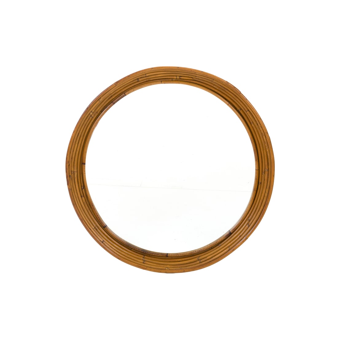 Bonacina, Italia, 1960 ca.: Bonacina Specchiera Struttura in rattan e cristallo molato e specchiato Prod. Bonacina Italia, 1960 ca. d 65 cm Bonacina A mirror Rattan frame and cut and silvered crystal Bonacina Prod. Italy, circa 