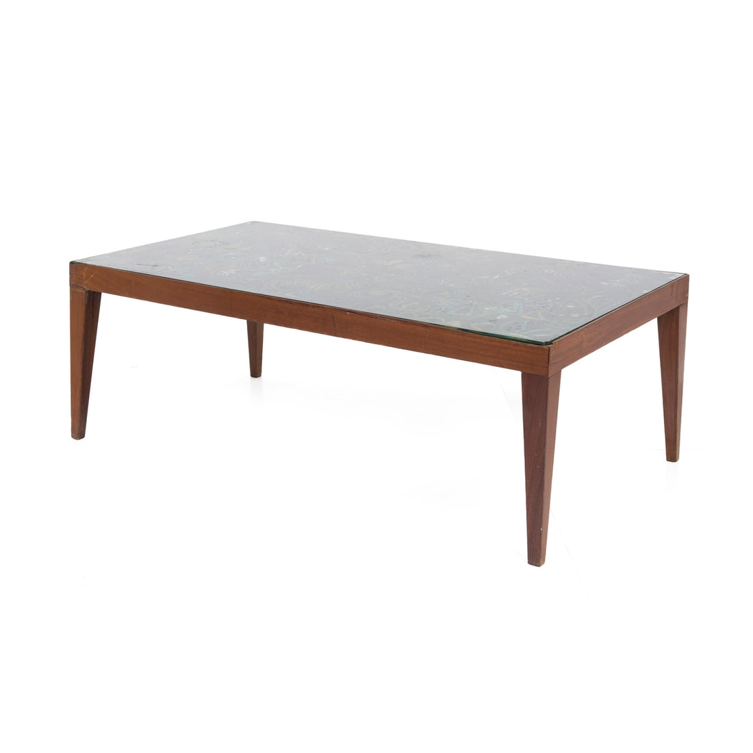 Fontana Arte, Italia, 1950/60 ca.: Fontana Arte Tavolo basso con decori astratti Struttura in legno, ripiano in cristallo molato e retrodipinto Prod. Fontana Arte Italia, 1950/60 ca. 39 x 110 x 60 cm Bibliografia: Cfr. per la stessa se