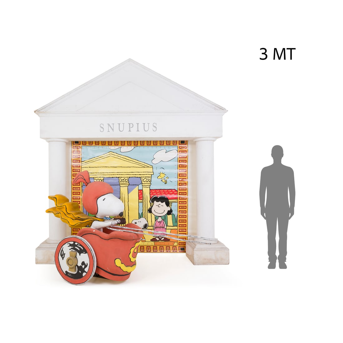 Snoopy con biga, Italia, XX secolo: Snoopy con biga, facciata di tempio e scenografia Legno, materiale plastico e materiale vario Prod. Italia, XX secolo 300 x 270 x 45 cm (facciata di tempio) 122 x 132 x 62 cm (Snoopy con biga) Snoopy 