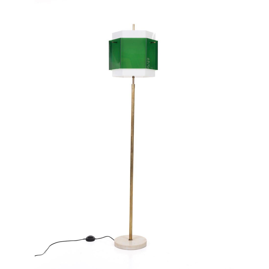 Stilnovo, Italia, 1950/60 ca.: Stilnovo Lampada da terra Base in marmo bianco, stelo in ottone regolabile, diffusori in plexiglass bianco e verde Prod. Stilnovo Italia, 1950/60 ca. h min. 150 cm / h max. 190 cm 35 x 35 cm (ingombro