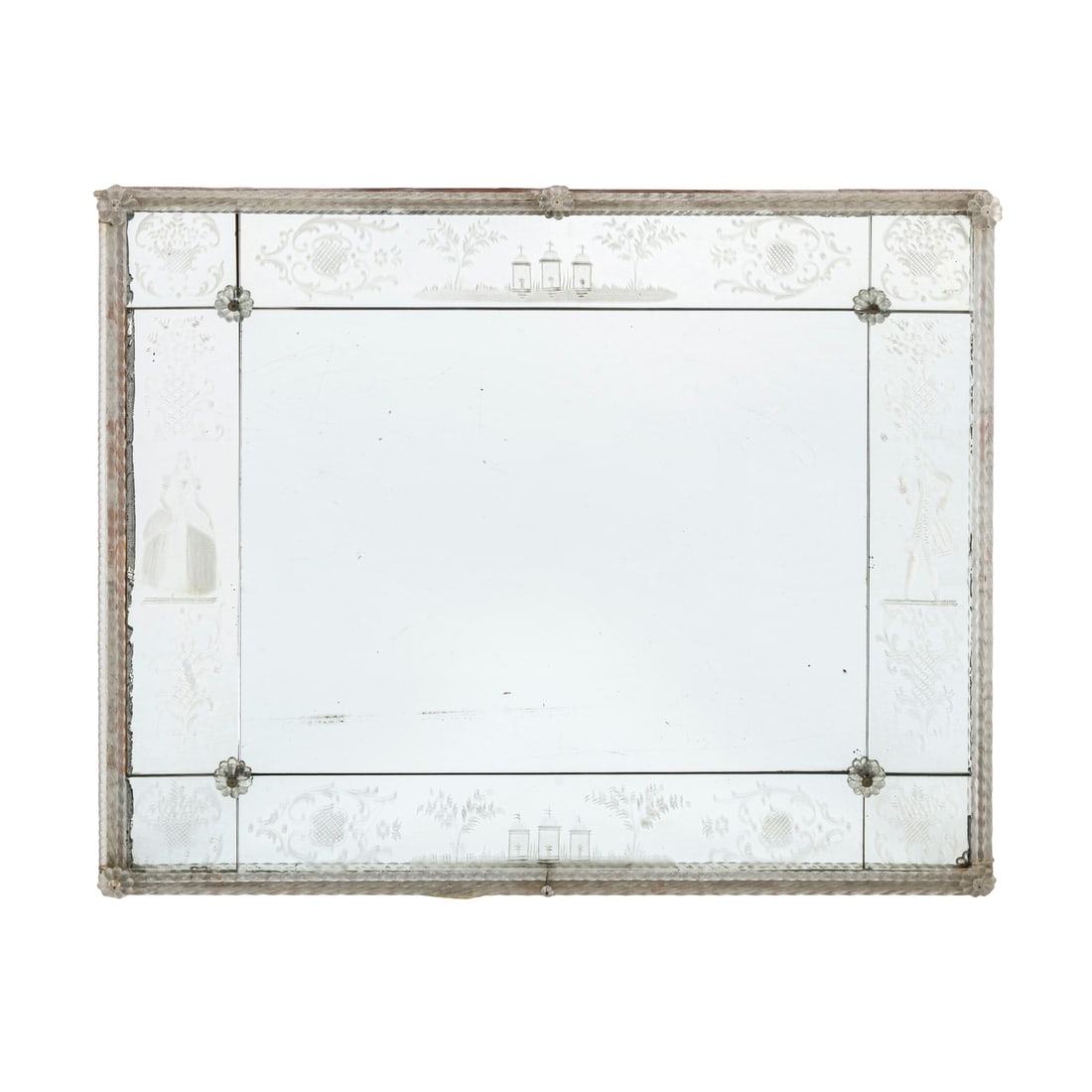 Scuola veneziana, 1930/40 ca.: Scuola veneziana Specchiera Cristallo molato, sabbiato e inciso, bordi in vetro di Murano a torciglione Prod. Murano, Italia, 1930/40 ca. 67 x 81 cm Venetian school A mirror Cut, sandblasted and engra