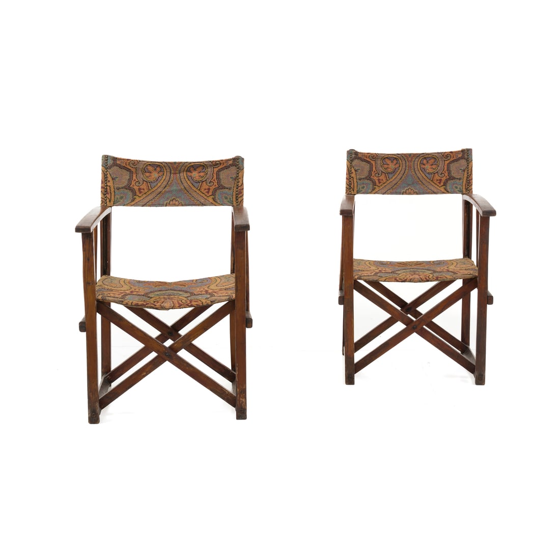 Manifattura brasiliana, 1940 ca.: Manifattura brasiliana Coppia di sedie pieghevoli Struttura in legno esotico, rivestimenti in tessuto Prod. Brasile, 1940 ca. 84 x 51 x 54 cm Brazilian manufacture A pair of folding chairs Exotic wood