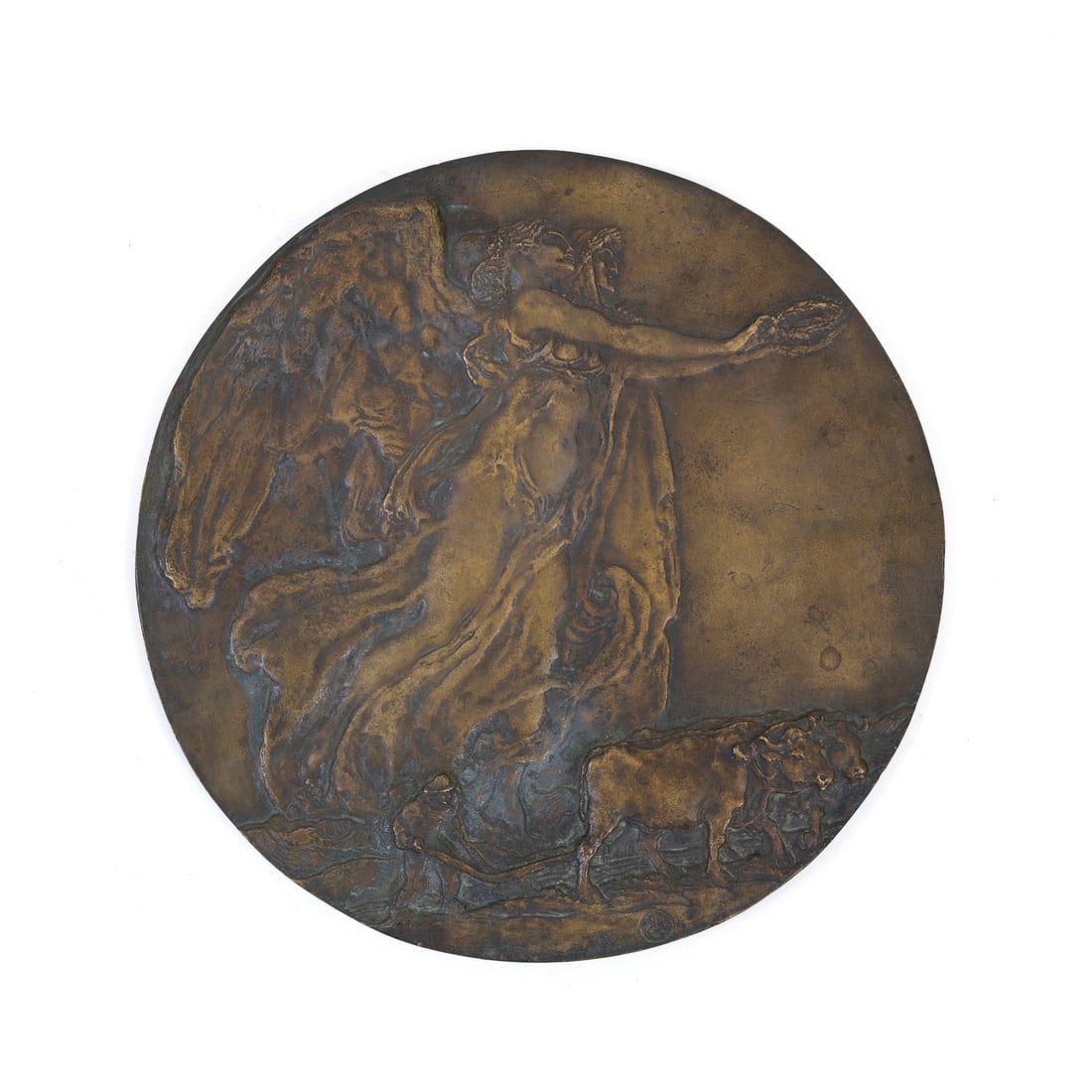 Leonardo Bistolfi (Casale Monferrato 1859 - La Loggia 1933): Leonardo Bistolfi (Casale Monferrato 1859 - La Loggia 1933) Medaglia della Vittoria Bronzo d 29,3 cm Siglata in basso a destra Creata per la Società Dante Alighieri, sezione di Milano Leonardo Bistol