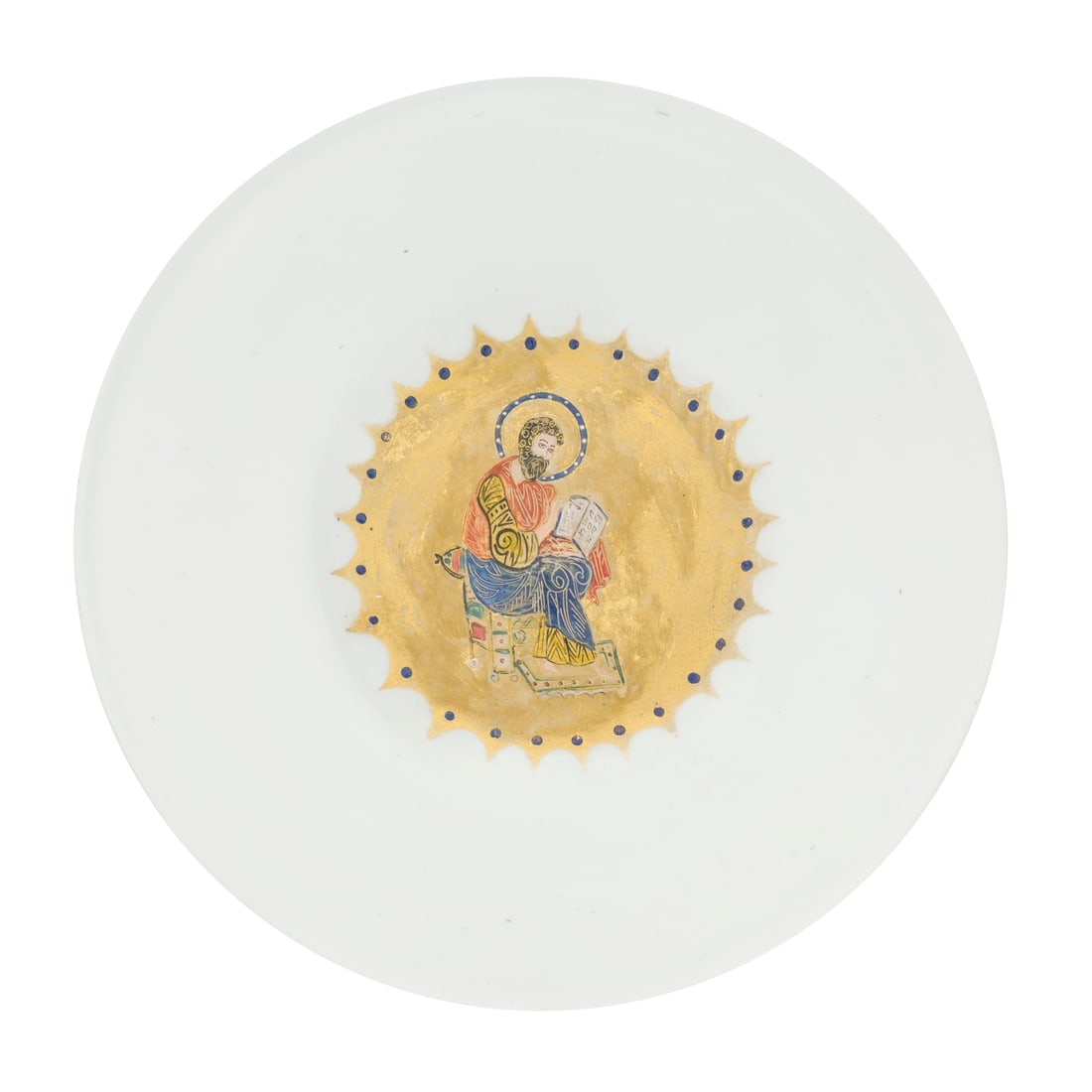Manifattura Pietro Bertolini, Murano, XVIII/XIX secolo: Manifattura Pietro Bertolini Piatto raffigurante San Marco Vetro lattimo Prod. Murano, Venezia, XVIII/XIX secolo d 31 cm Pietro Bertolini manufacture A plate depicting Saint Mark Lattimo glass Murano 