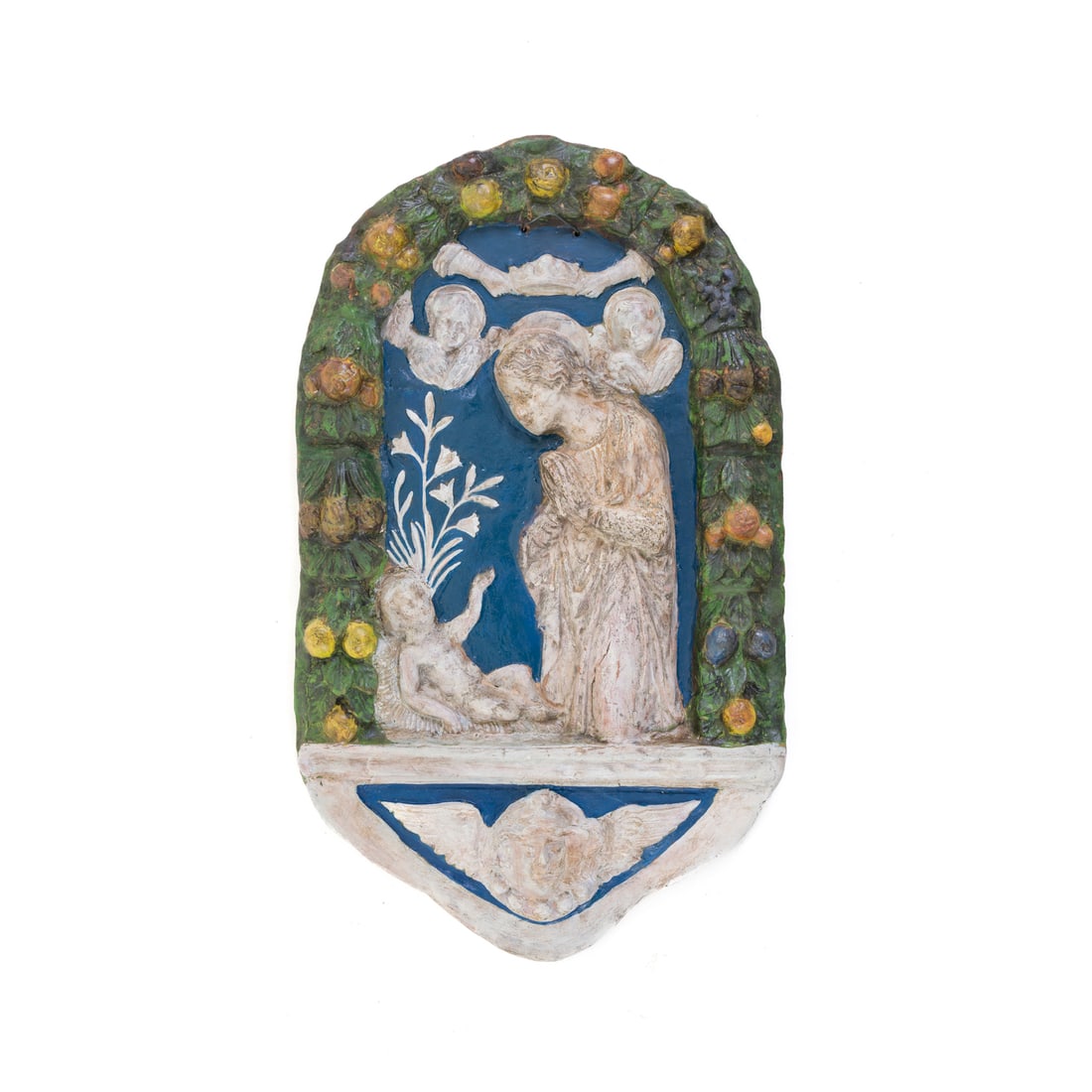 Manifattura italiana del XIX/XX secolo, nello stile dei Dalla Robbia: Manifattura italiana del XIX/XX secolo, nello stile dei Dalla Robbia Madonna con Gesù Bambino Terracotta 49 x 29 cm Italian manufacture of the 19th/20th century, in the style of the Della Robbia fami