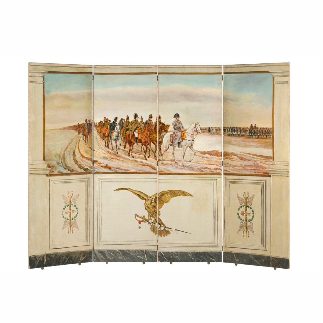 Paravento a quattro ante, Italia, XX secolo: Paravento a quattro ante Decorato con Napoleone alla guida del suo esercito e simboli napoleonici Olio su tela Italia, XX secolo 153 x 200 x 2 cm Firmato in basso a destra A four-leaf screen Decorated